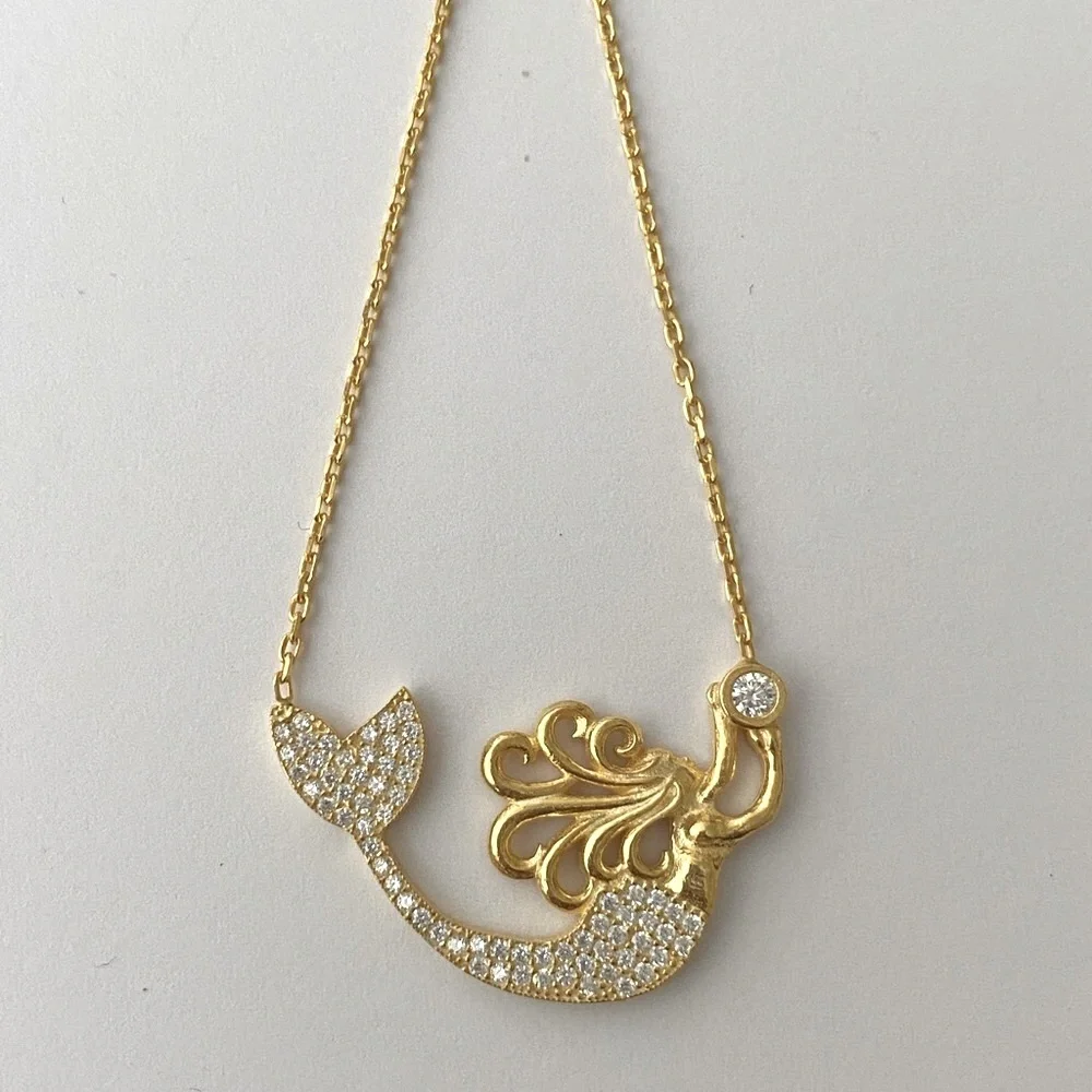 🧜‍♀️Mermaid 925 silver clear cz cubic zirconia necklace 18k yellow gold plated